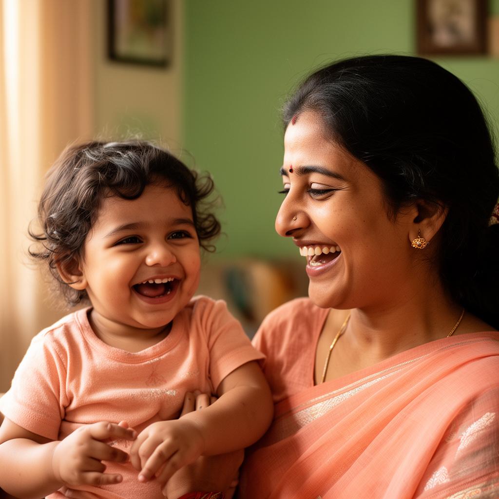 An Indian mother and her child laughing and bonding at home