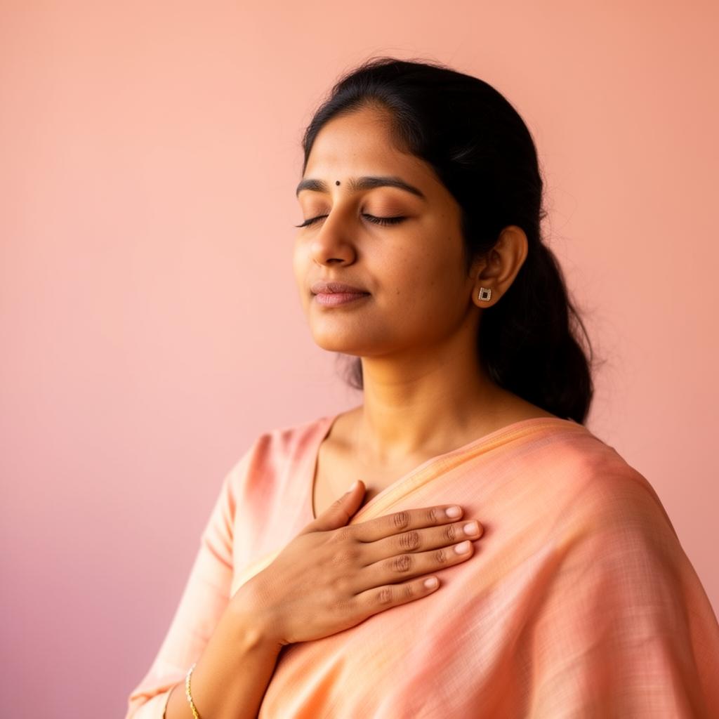 An Indian woman in a calm moment of self-reflection